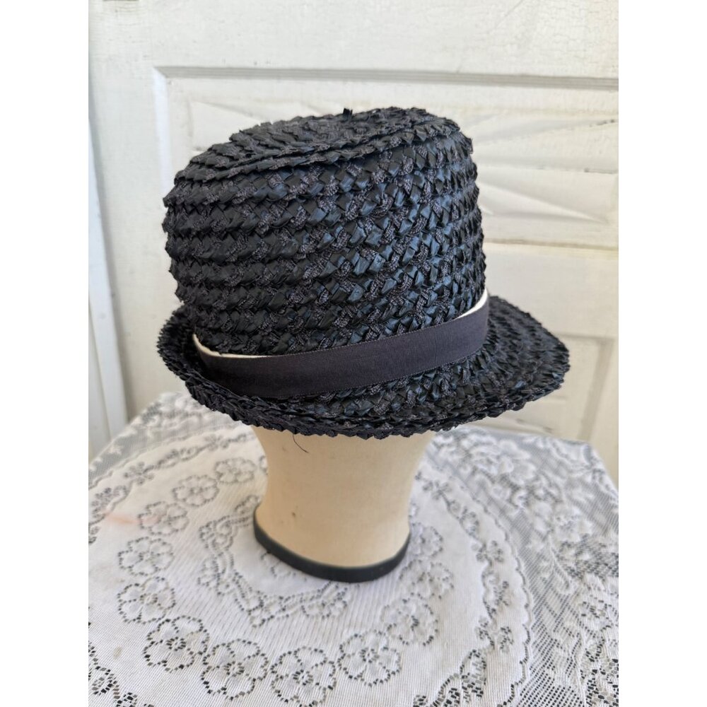Vintage 1950s Raffia Straw Blue Womens Fedora Style Hat - Picture 2 of 9